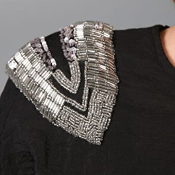 ELIZABETH AND JAMES Beaded Embellished Jeweled Black Mini Shoulder Wedge Dress - Picture 4 of 8